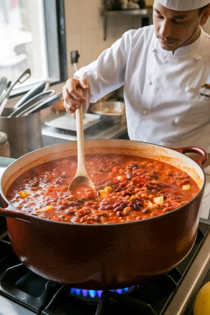 A chef stirring a large pot of simmering Chilli Con Carne soup filled with beans and tomatoes.