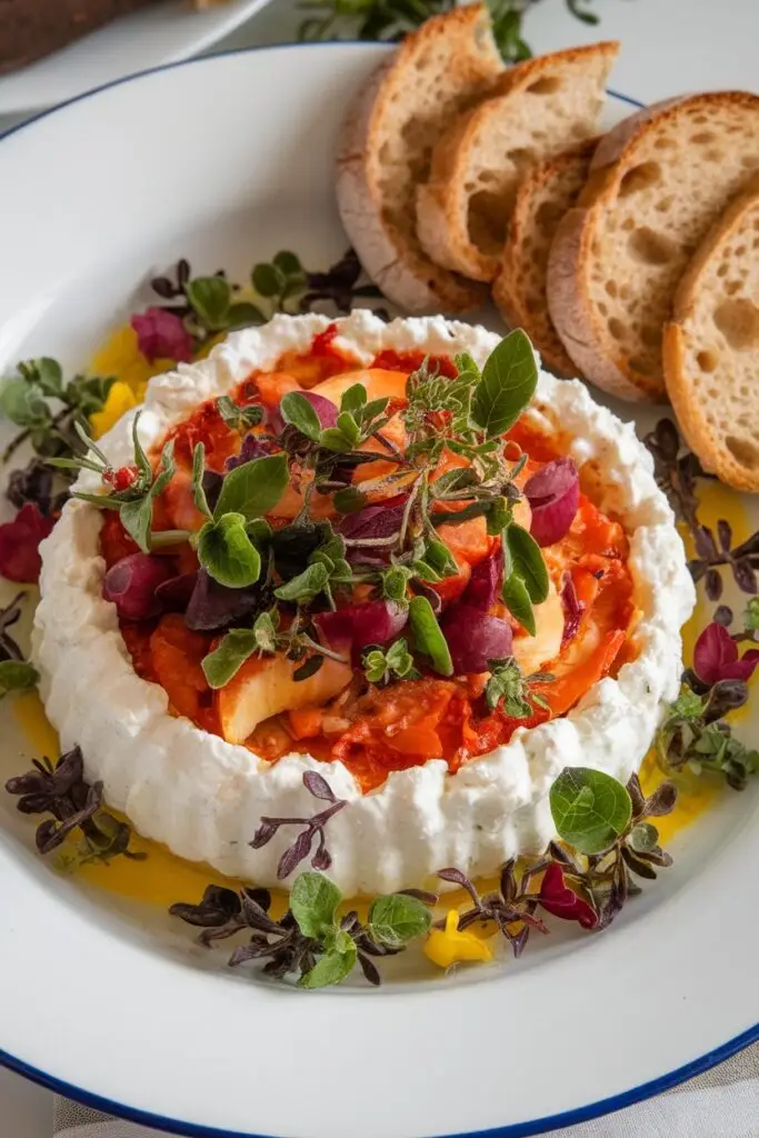 A dish featuring fresh ricotta cheese topped with roasted red peppers, herbs, and served with rustic bread slices.