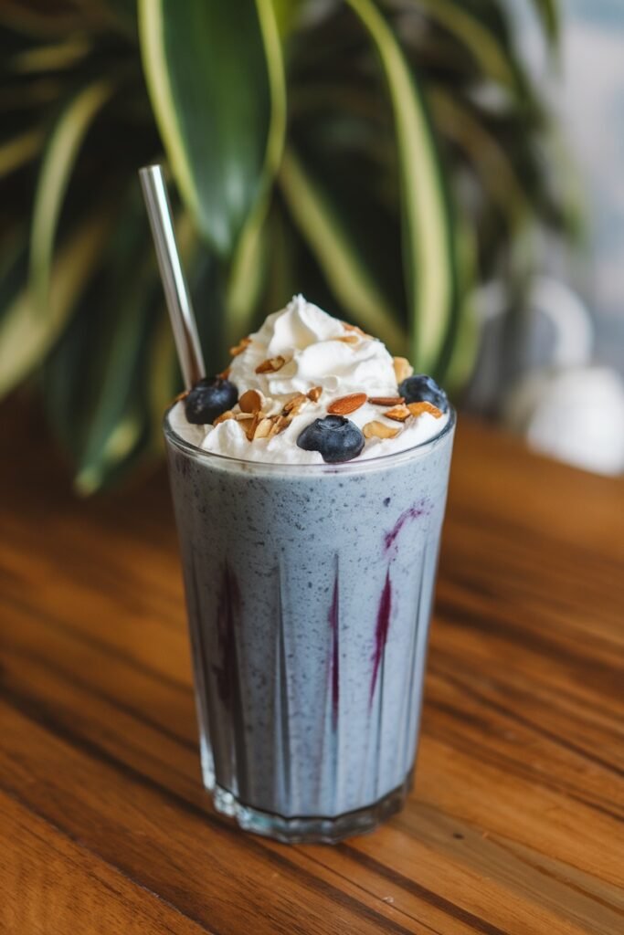 A tall glass of blueberry almond milkshake topped with whipped cream, nuts, and fresh blueberries.