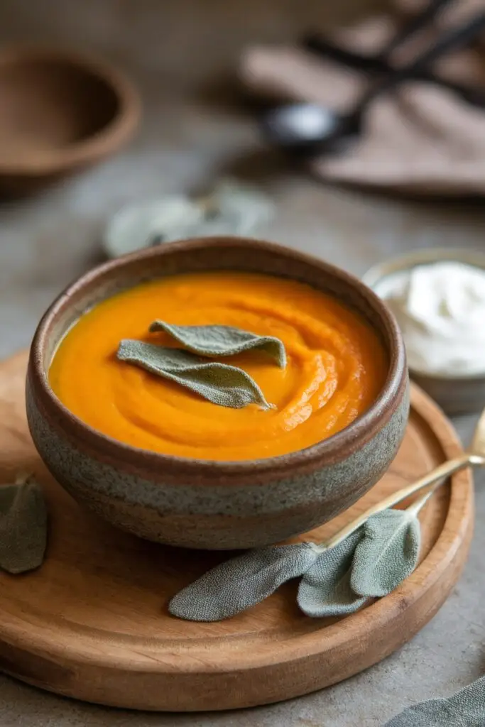 A bowl of smooth and creamy butternut squash soup garnished with fresh sage leaves.