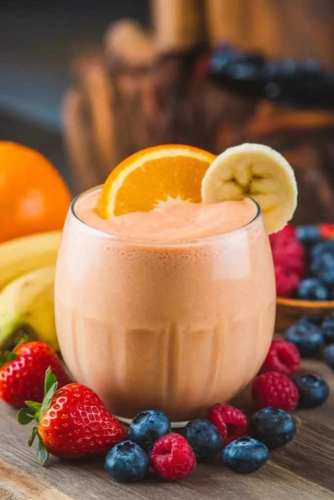 A creamy orange smoothie in a rounded glass, garnished with an orange slice and banana, surrounded by fresh berries.