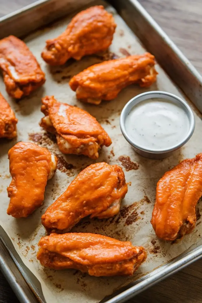 A tray of freshly baked buffalo wings on parchment paper, served with a side of ranch dressing.