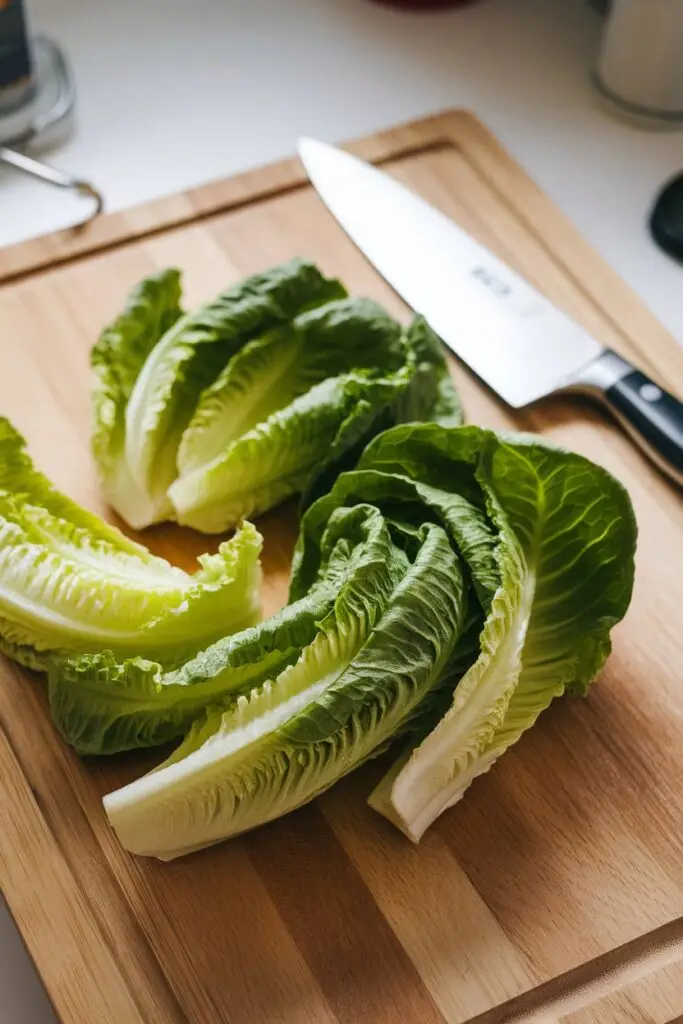 Fresh romaine lettuce being chopped on a wooden cutting board.