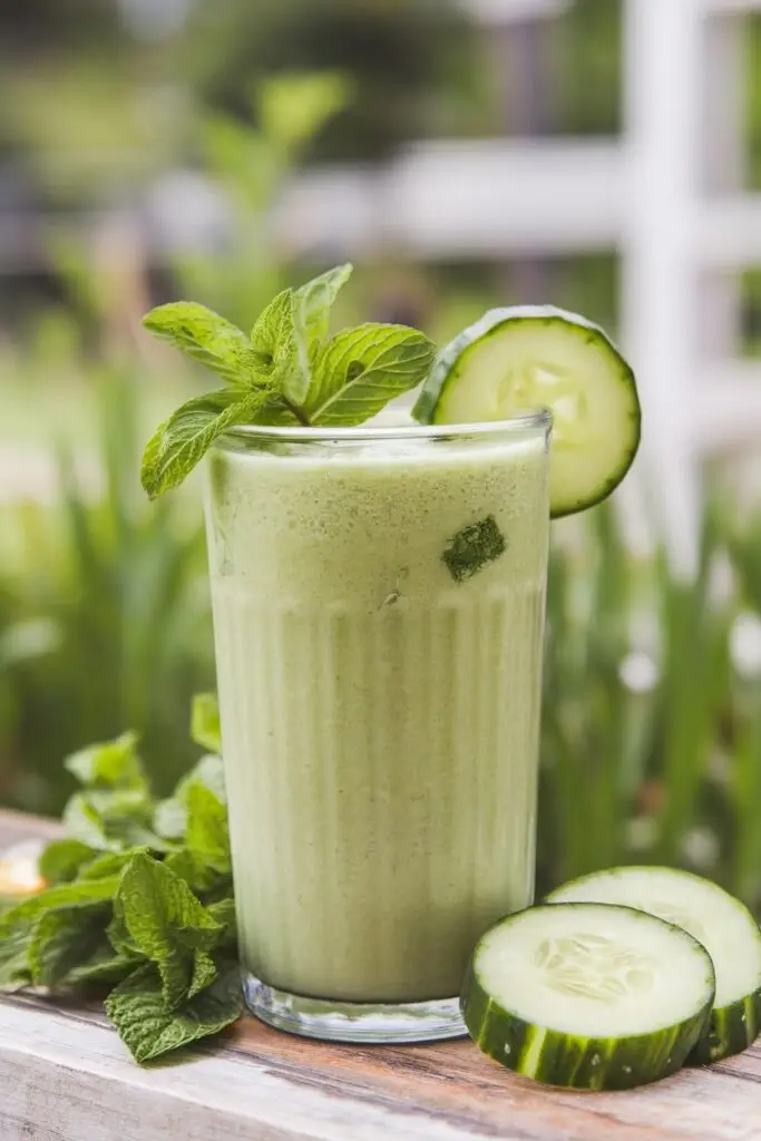 A tall glass of cucumber mint smoothie garnished with cucumber slices and mint leaves.