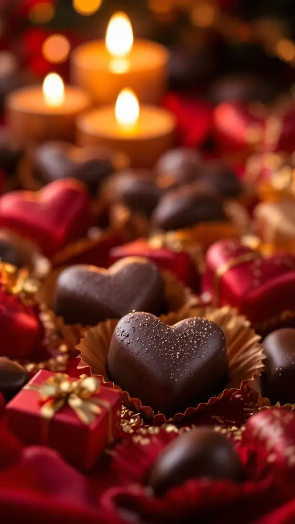 Heart-shaped dark chocolates with a touch of gold shimmer, surrounded by glowing candles and red gift boxes.