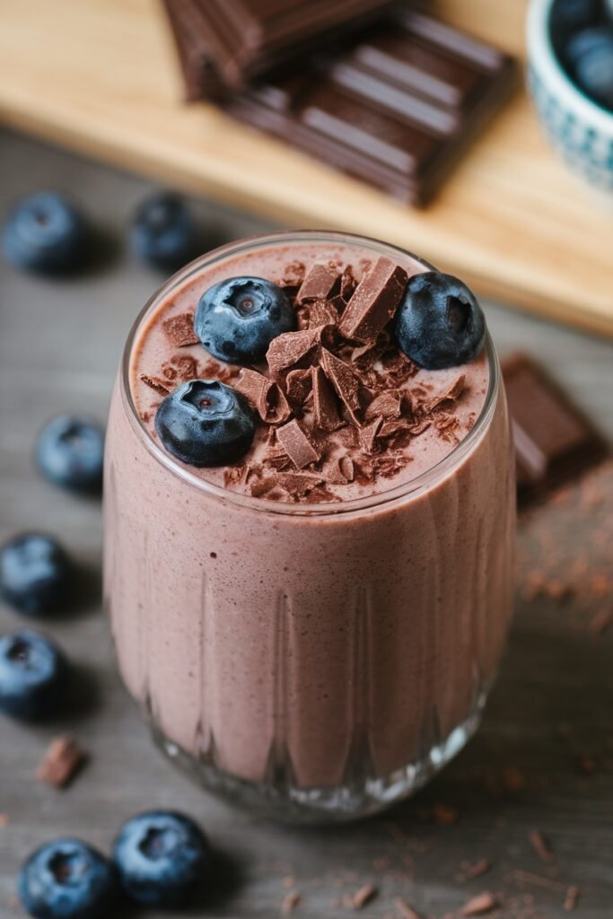 A rich chocolate smoothie topped with dark chocolate shavings and fresh blueberries.