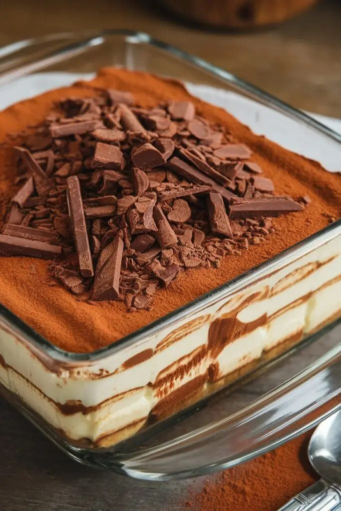 A close-up of a tiramisu topped with thick chocolate shavings and cocoa powder.