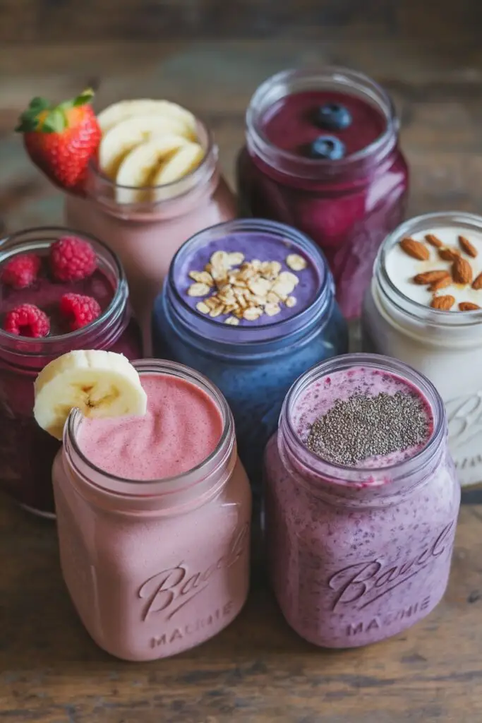 A collection of smoothies in mason jars, each topped with different ingredients like bananas, oats, raspberries, and chia seeds.