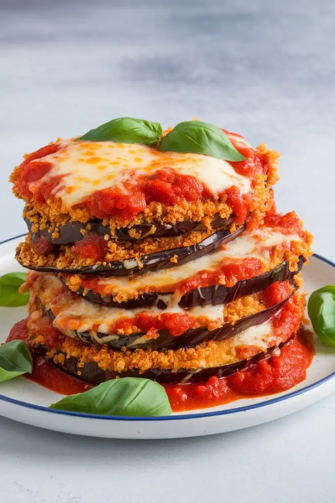 A stacked portion of crispy breaded eggplant layered with marinara sauce, melted cheese, and fresh basil.