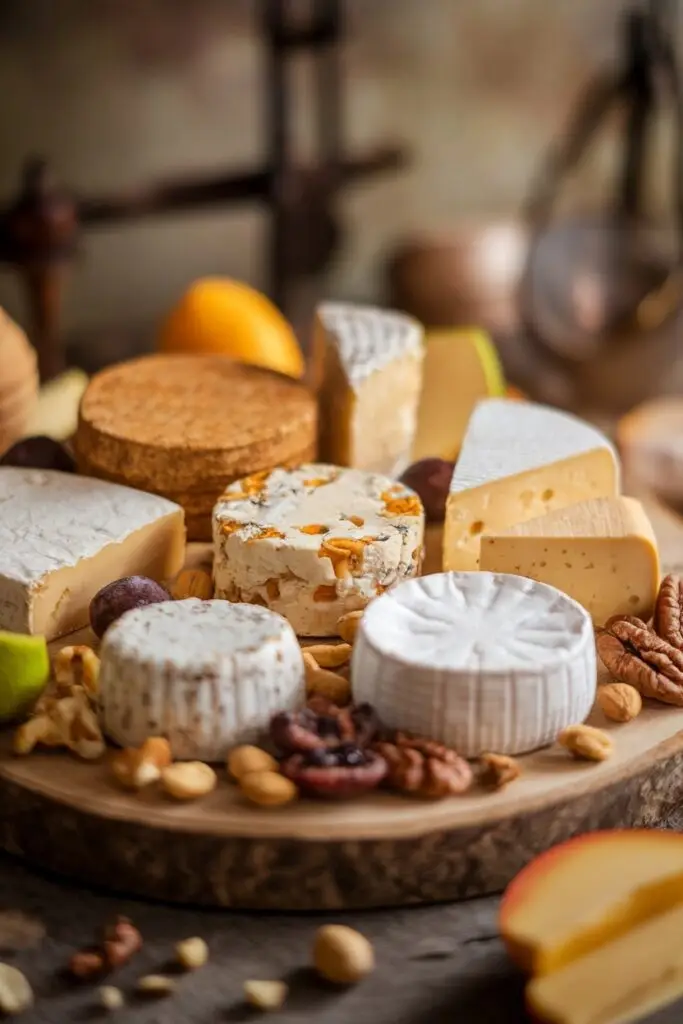 A wooden board showcasing an assortment of plant-based cheeses with different textures and colors, accompanied by nuts and dried fruits.