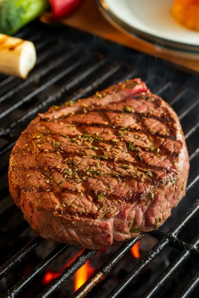 A thick beef round tip steak sizzling on a grill with herbs and spices.