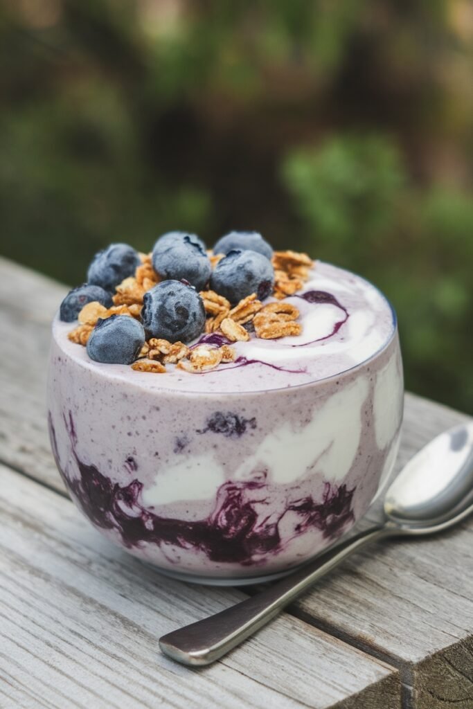 A creamy blueberry yogurt smoothie bowl with swirls of yogurt, topped with granola and fresh blueberries.