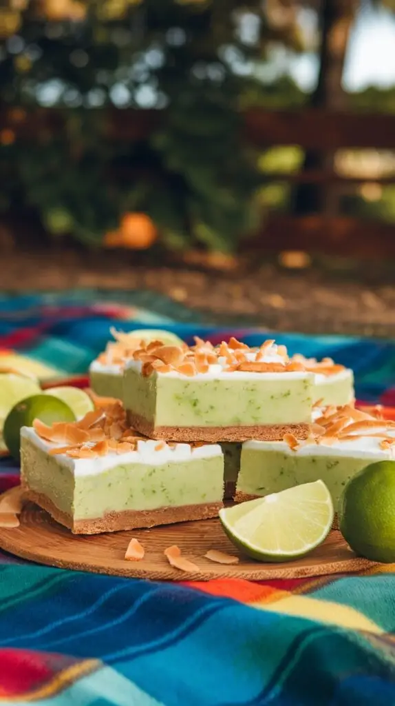 Frozen key lime pie bars garnished with toasted coconut flakes, a refreshing and easy dessert recipe.