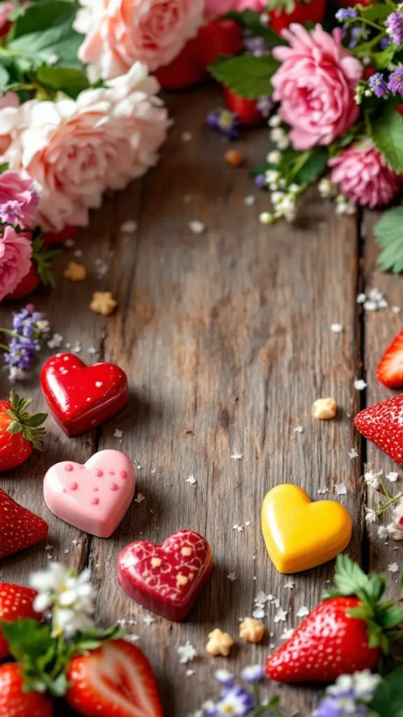 Bright, heart-shaped chocolates in various colors surrounded by strawberries, roses, and flowers on a rustic wooden surface.