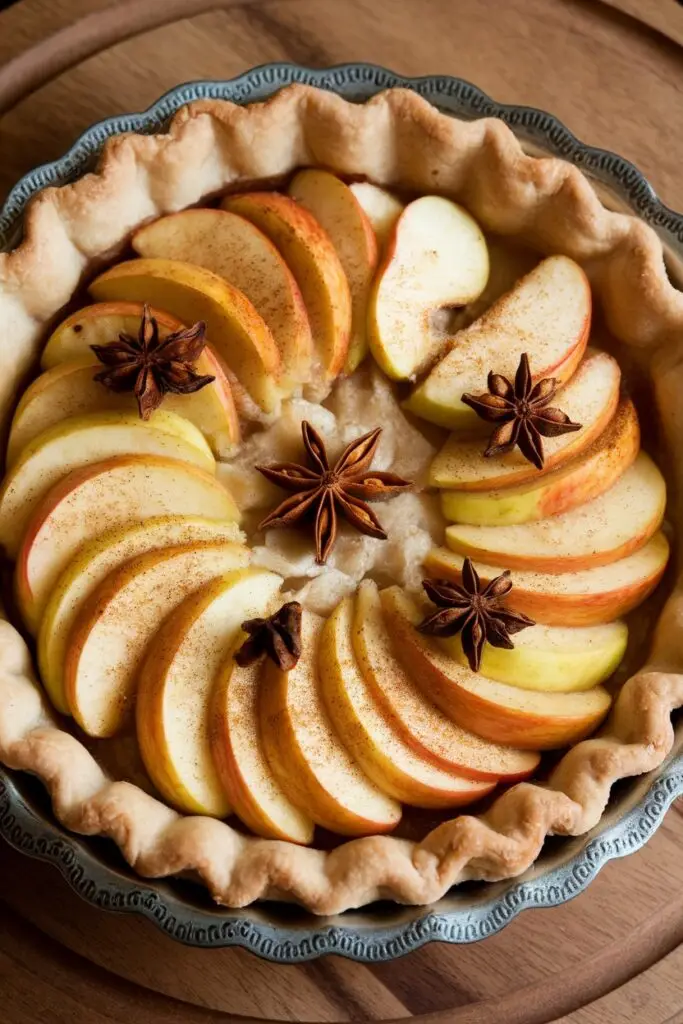 Sliced apples and star anise arranged beautifully in a pie crust.