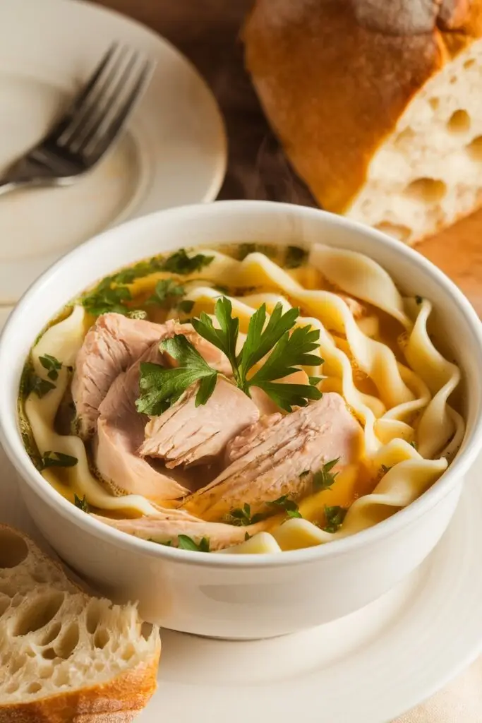 A bowl of chicken noodle soup garnished with fresh parsley and served with rustic bread.