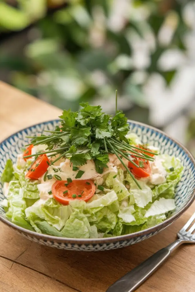 A Caesar salad garnished with fresh parsley, chives, and cherry tomatoes.