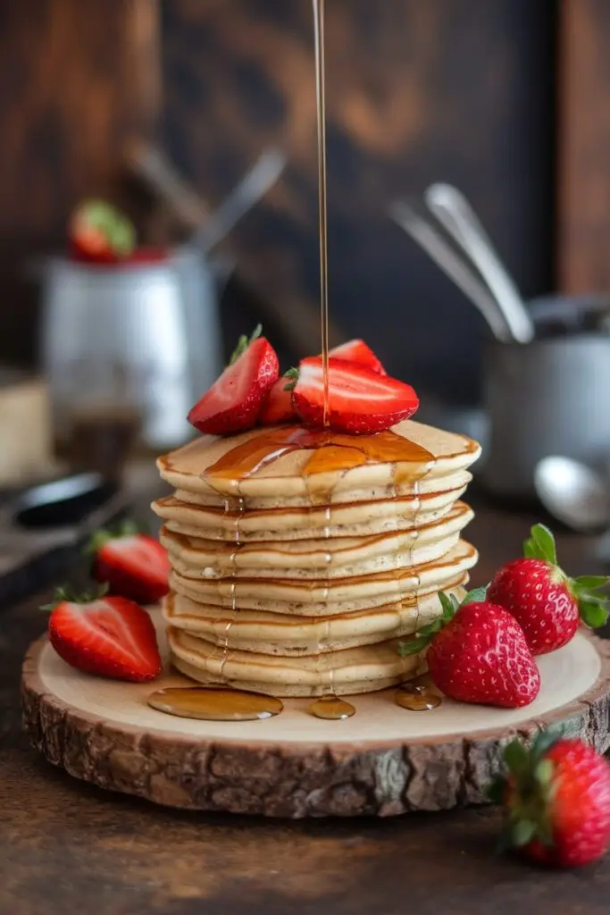 Freshly made pancakes topped with strawberries and maple syrup.