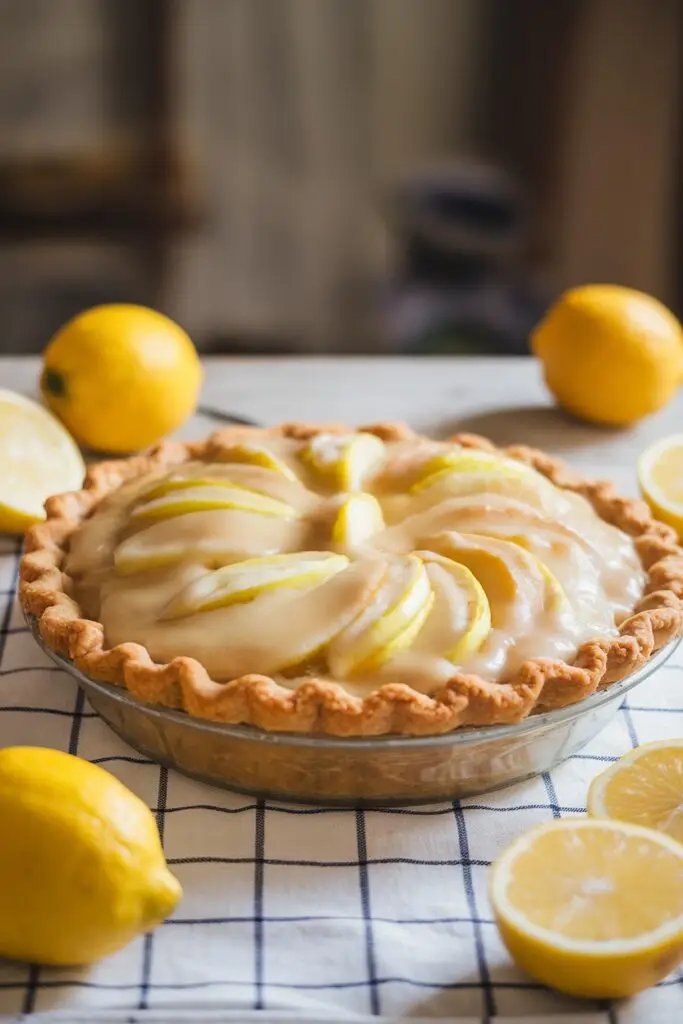 A lemon-glazed apple pie surrounded by fresh lemons.