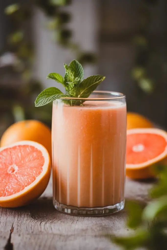 A cool and refreshing grapefruit smoothie served in a tall glass, garnished with fresh mint leaves.