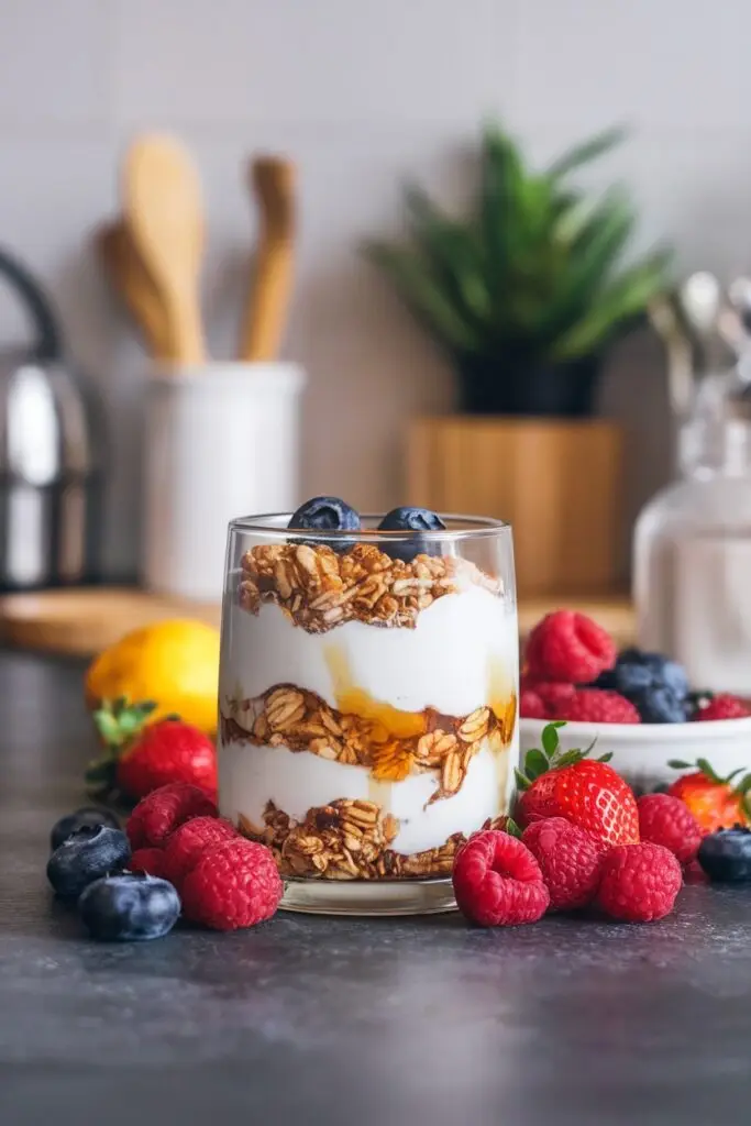 A glass jar filled with layers of Greek yogurt, granola, honey, and fresh berries, surrounded by strawberries, raspberries, and blueberries.