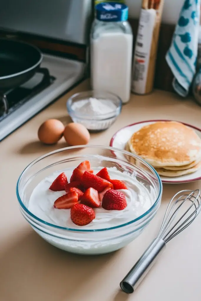 Bowl of pancake batter topped with strawberries in a kitchen setting.