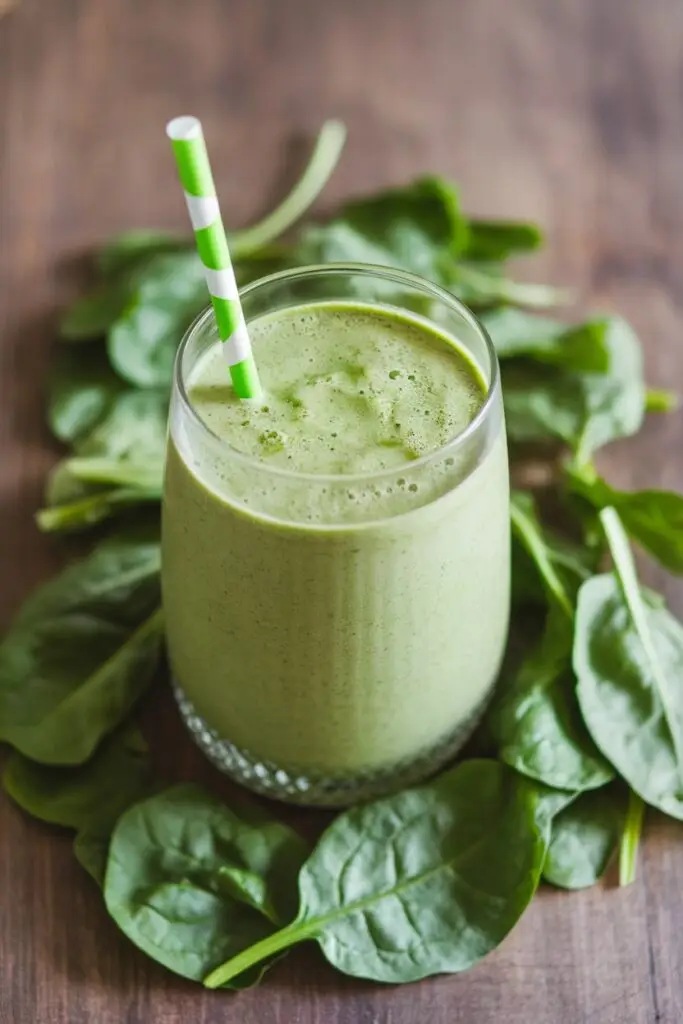 A vibrant green apple spinach smoothie surrounded by fresh spinach leaves.