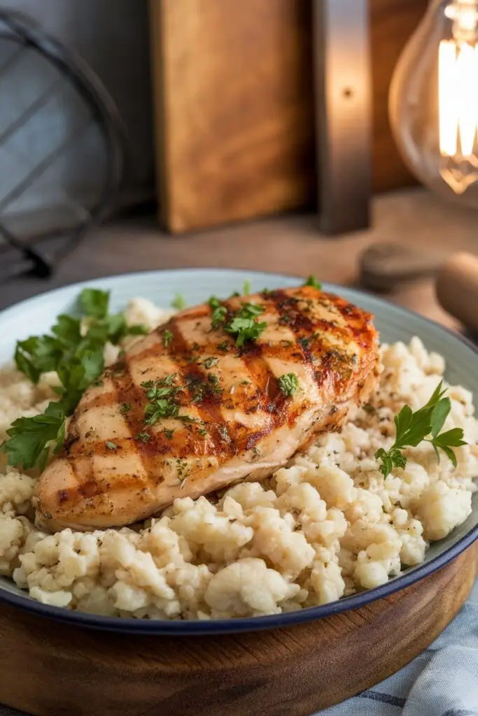 Grilled chicken breast served on a bed of fluffy cauliflower rice, garnished with fresh herbs.