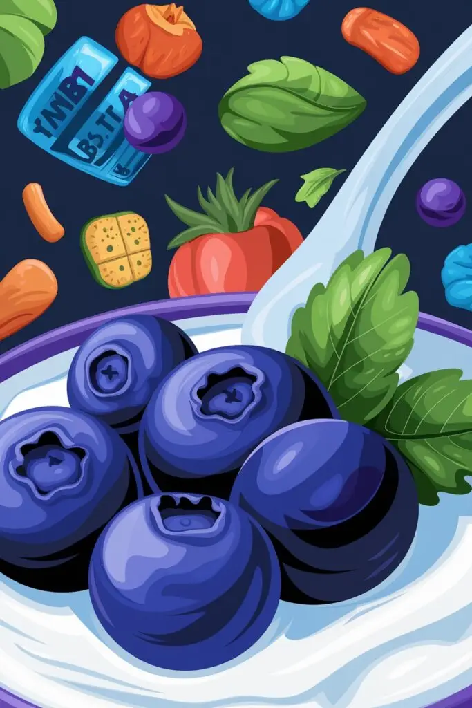 A vibrant digital illustration of yogurt and blueberries with various ingredients floating around.