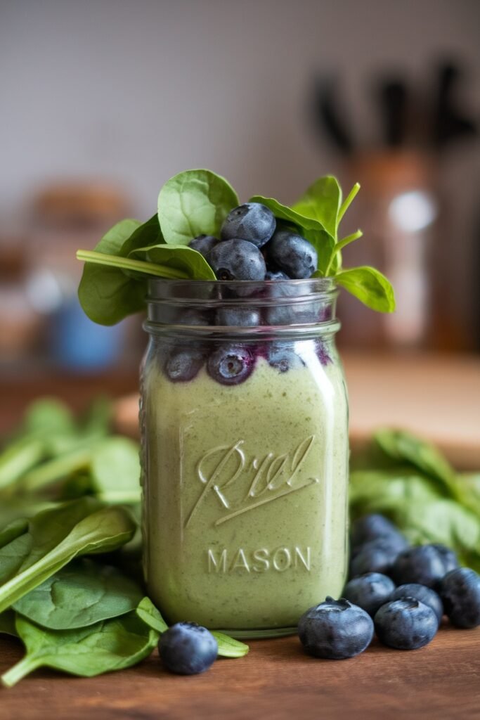 A green smoothie with blueberries and fresh spinach in a mason jar.