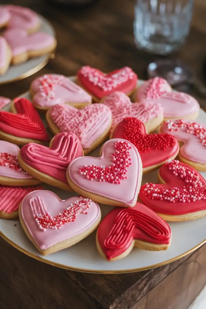 A platter of heart-shaped sugar cookies, decorated with pink and red royal icing and sprinkles.