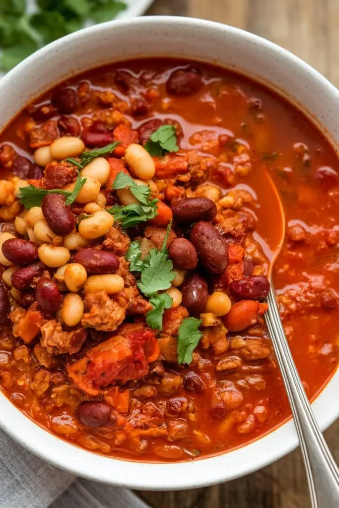 A bowl of Chilli Con Carne soup filled with different beans, tomatoes, and fresh herbs.