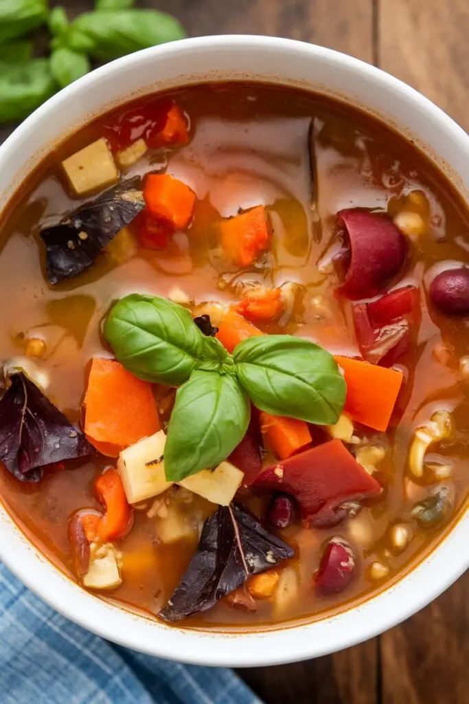 A bowl of vibrant minestrone soup with chunks of vegetables, beans, and fresh basil.