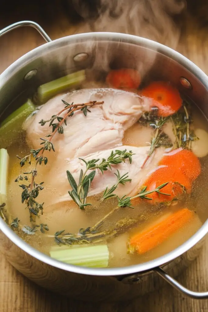 A pot of simmering homemade chicken broth with fresh herbs, carrots, and celery.