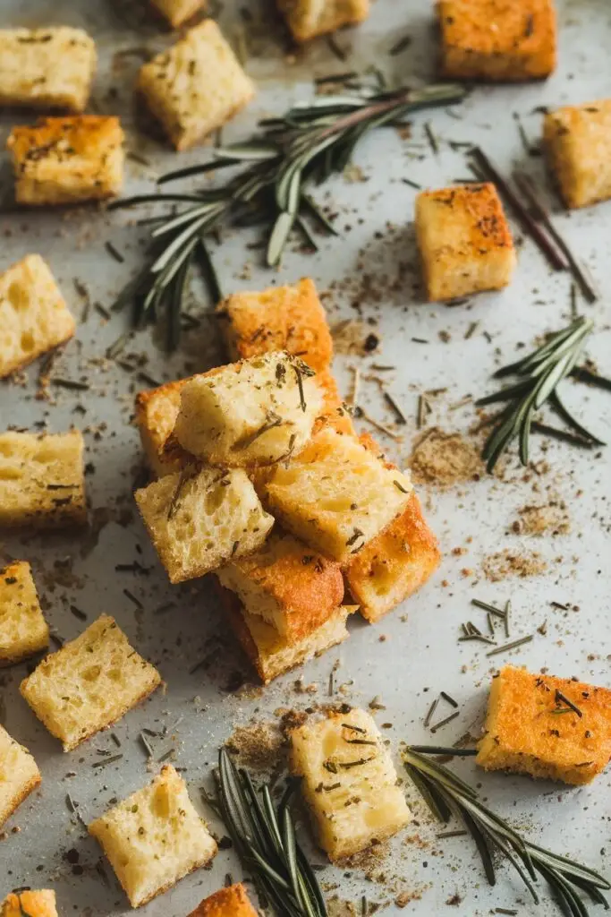 A pile of golden, seasoned croutons with rosemary on a baking sheet.