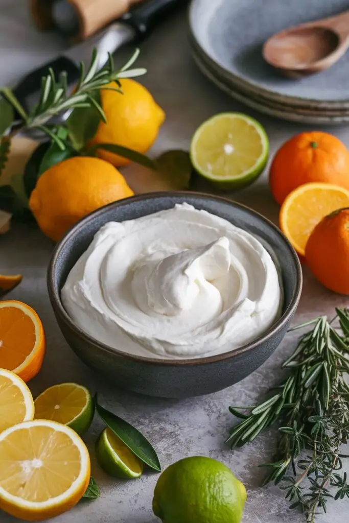 A bowl of homemade mascarpone cheese surrounded by fresh citrus fruits and herbs.