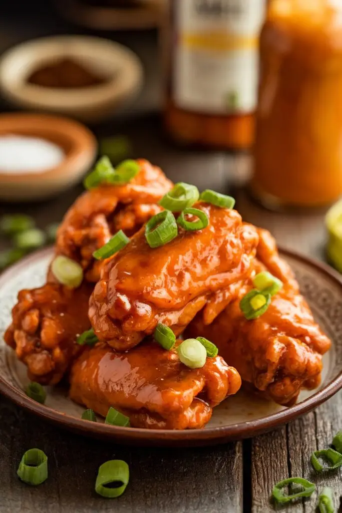 A plate of sticky honey garlic buffalo wings topped with chopped green onions.