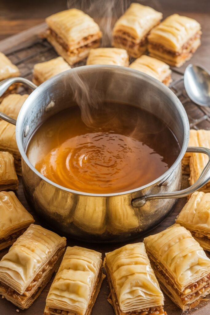 A steaming pot of golden honey syrup surrounded by freshly baked baklava pieces.