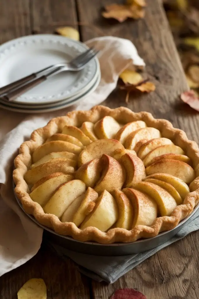 Baked apple pie with cinnamon-dusted apple slices on a rustic table.