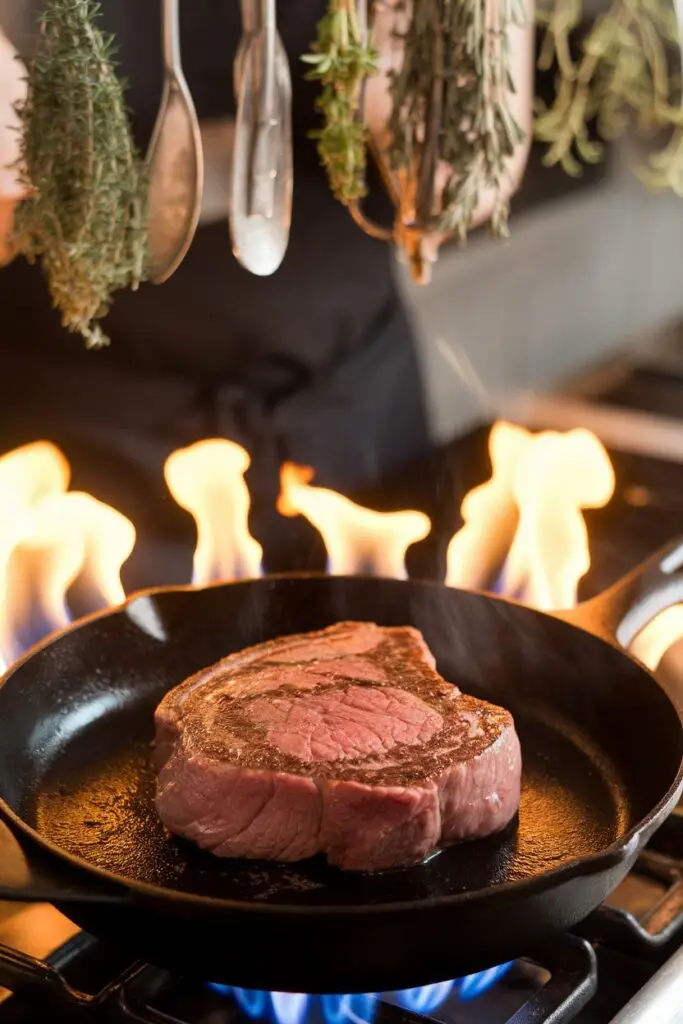 A round tip steak being seared in a cast iron pan over open flames, with hanging fresh herbs.