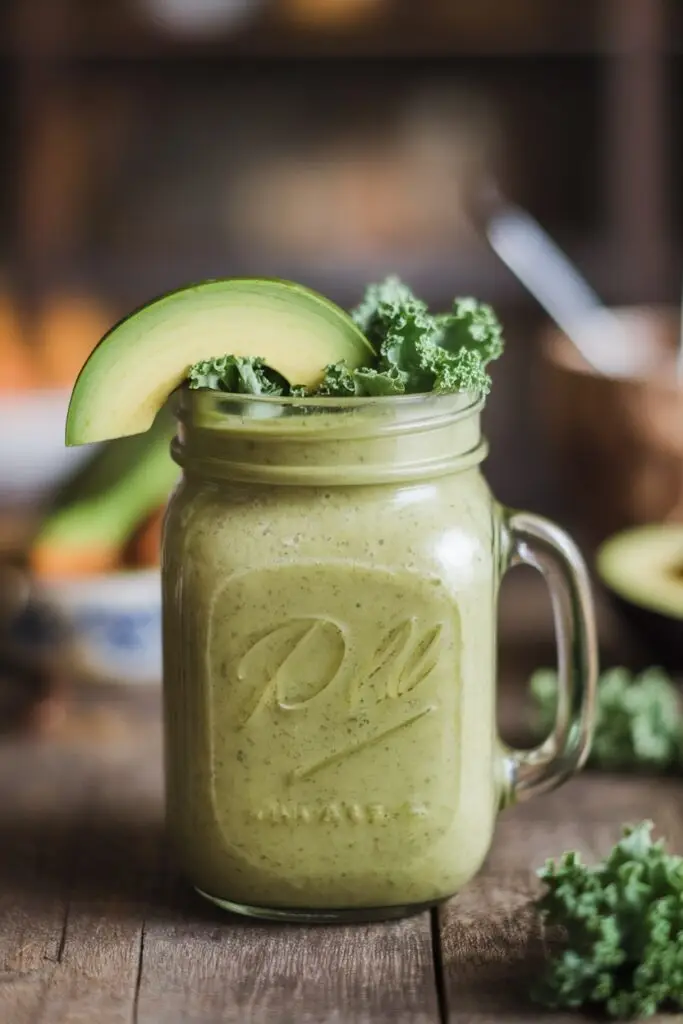 A mason jar filled with a creamy kale and avocado smoothie, topped with an avocado slice.