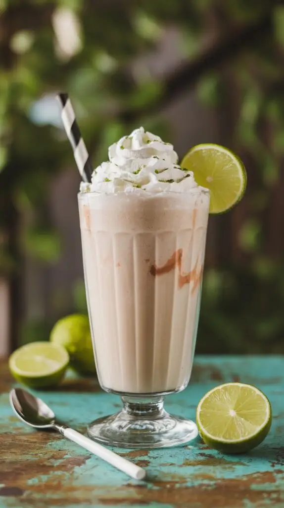 Key lime pie milkshake served in a tall glass with whipped cream and a lime slice, a key lime dessert drink recipe.