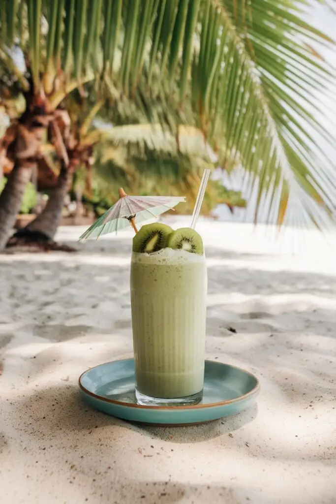 A refreshing green kiwi smoothie with a straw and a cocktail umbrella, served on a sandy beach.