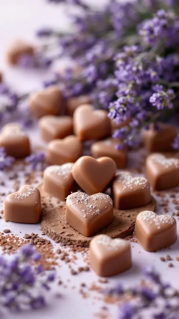 Milk chocolate heart truffles dusted with sugar, placed on cocoa powder and surrounded by fresh lavender flowers.