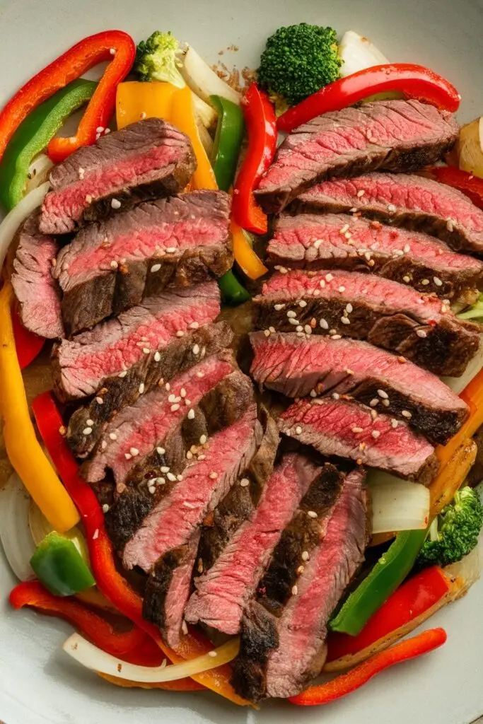 Juicy, thinly sliced beef round tip steak with colorful stir-fried bell peppers and broccoli.