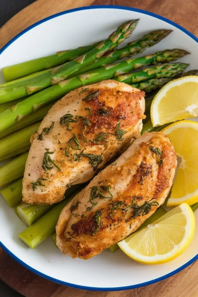 Lemon-herb marinated chicken breasts served with fresh asparagus and lemon wedges.