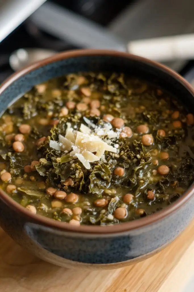 A bowl of lentil and kale soup with a rich, earthy broth, topped with grated cheese.