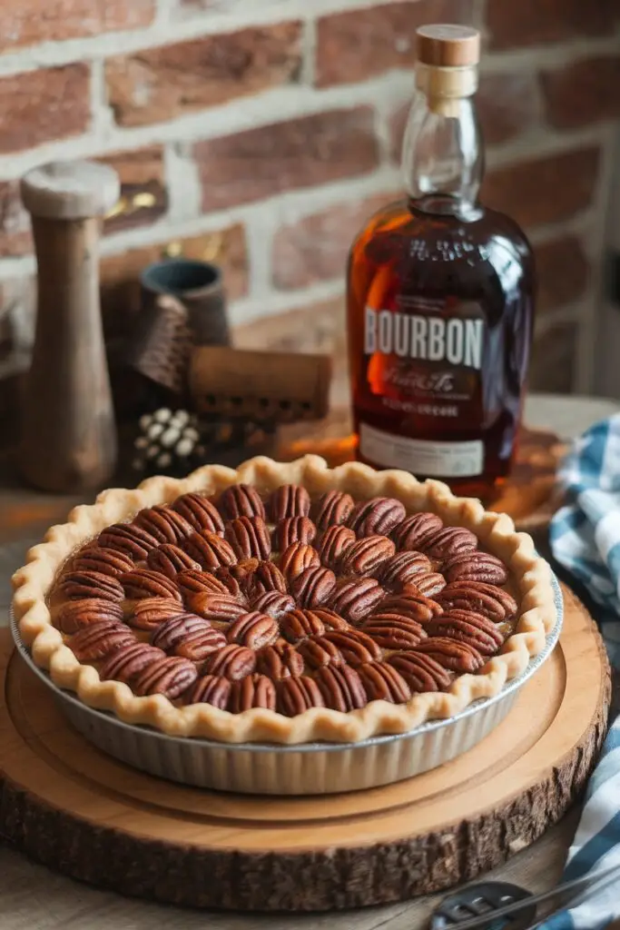 A maple bourbon pecan pie showcased next to a bottle of bourbon on a rustic wooden table.