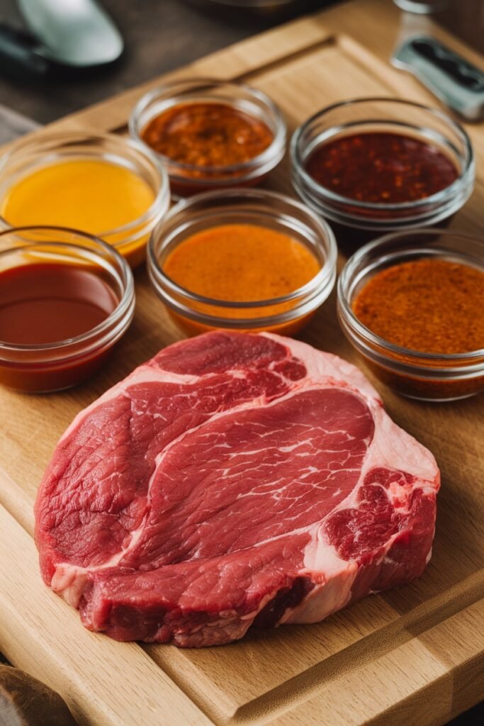 A raw round tip steak surrounded by various marinade sauces in glass bowls.