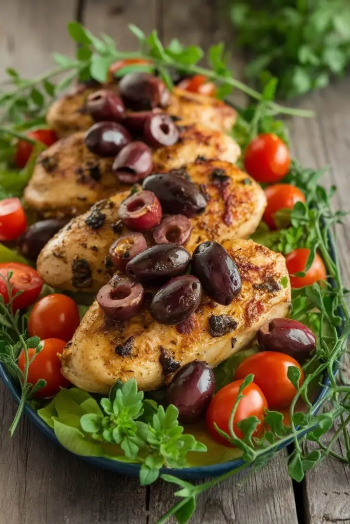 Mediterranean-style grilled chicken topped with black olives and cherry tomatoes, garnished with fresh herbs.